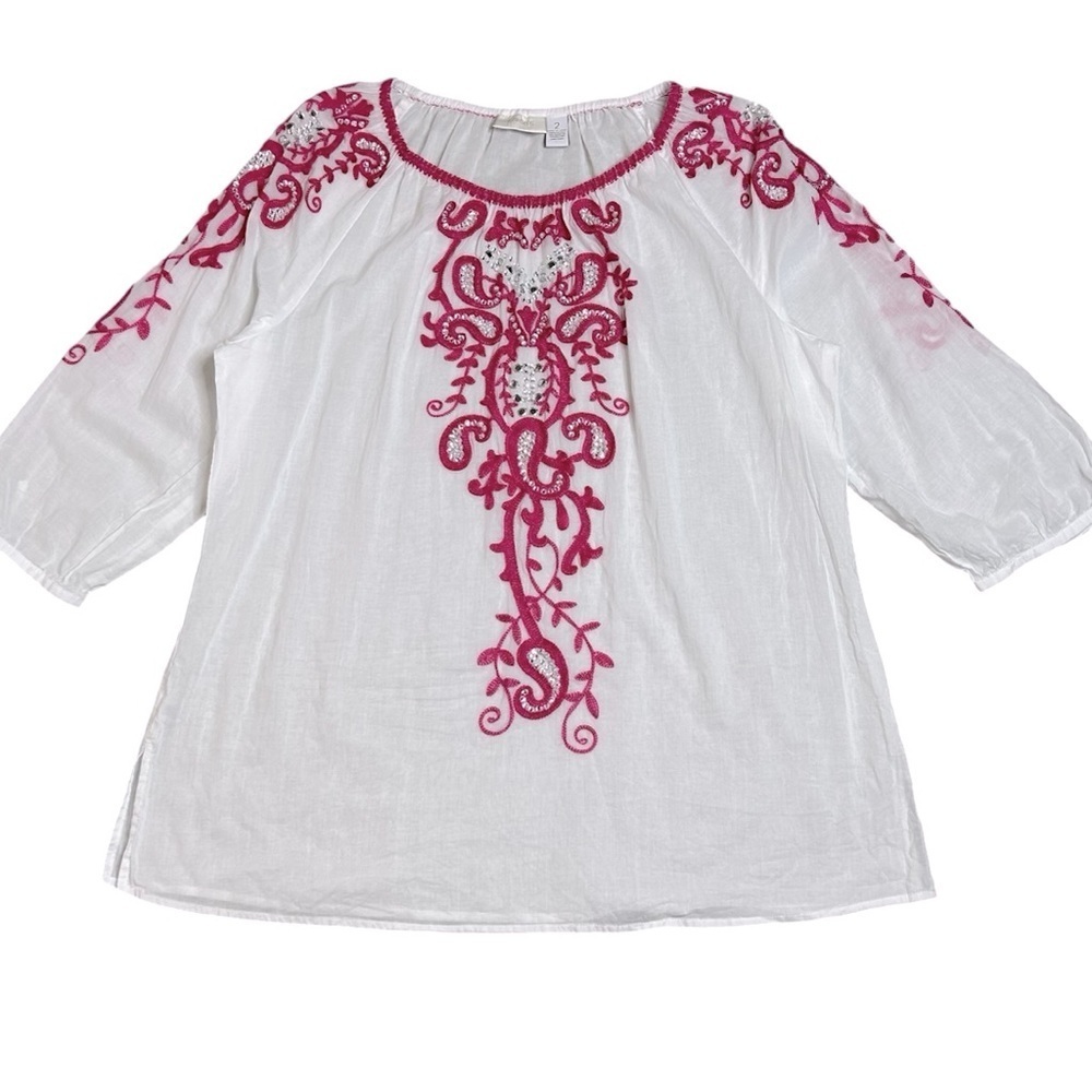CHICO'S Anelle Blouse 3/4 sleeves Embroidered Embellished White Fuchsia Like new - Picture 7 of 16